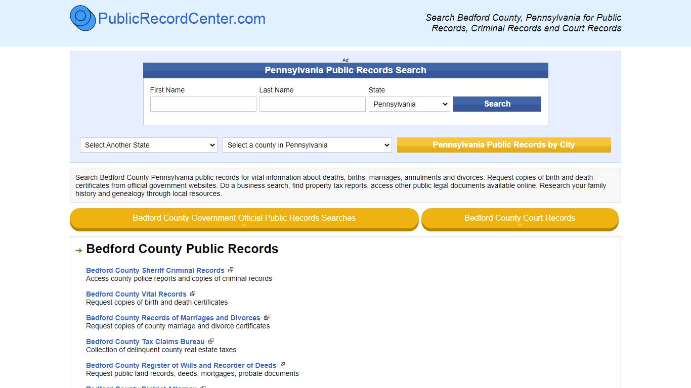Bedford County Pennsylvania Free Public Records - Court Records ...